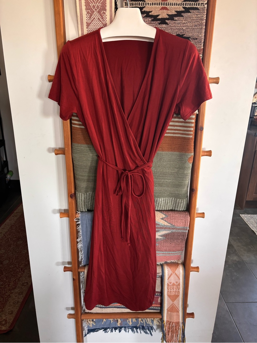 Women's Wrap Midi Dress in Rust Red with Tie Waist